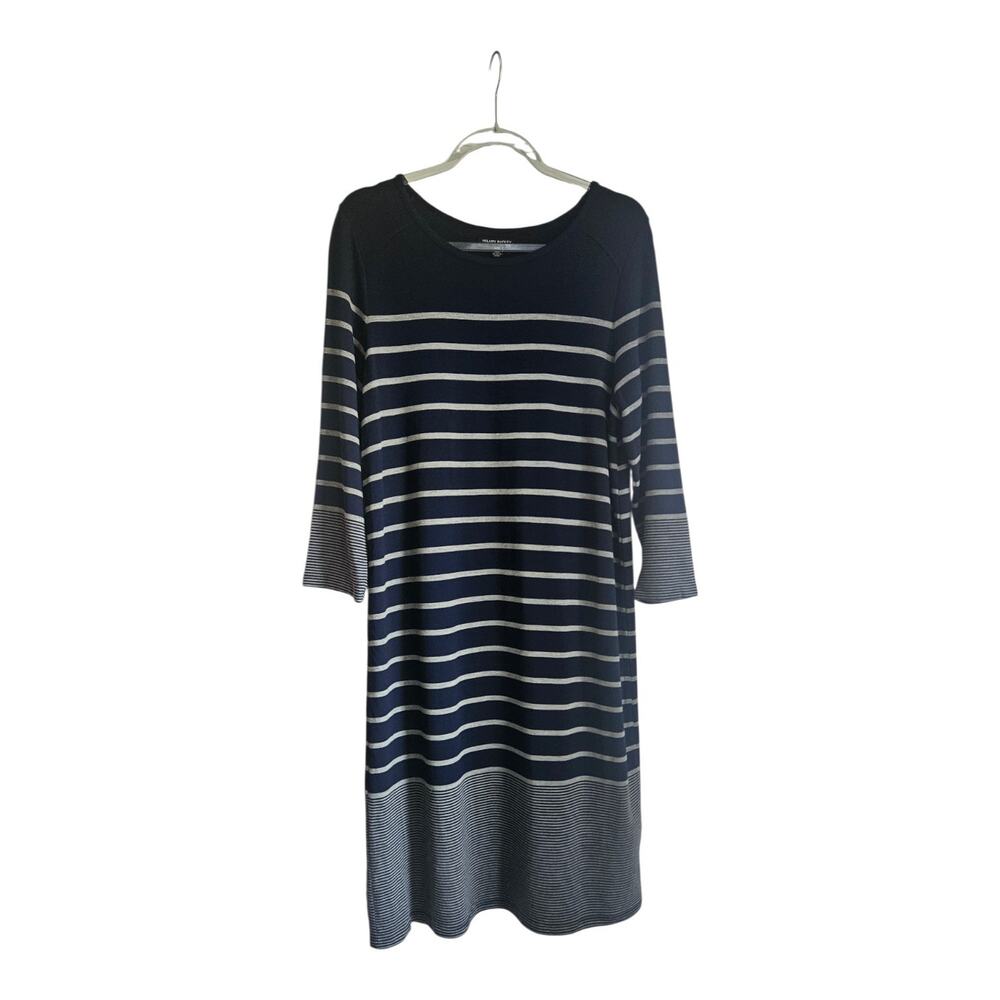 Hilary Radley Dress L Navy Grey Striped Knit Comfy Stretch Midi